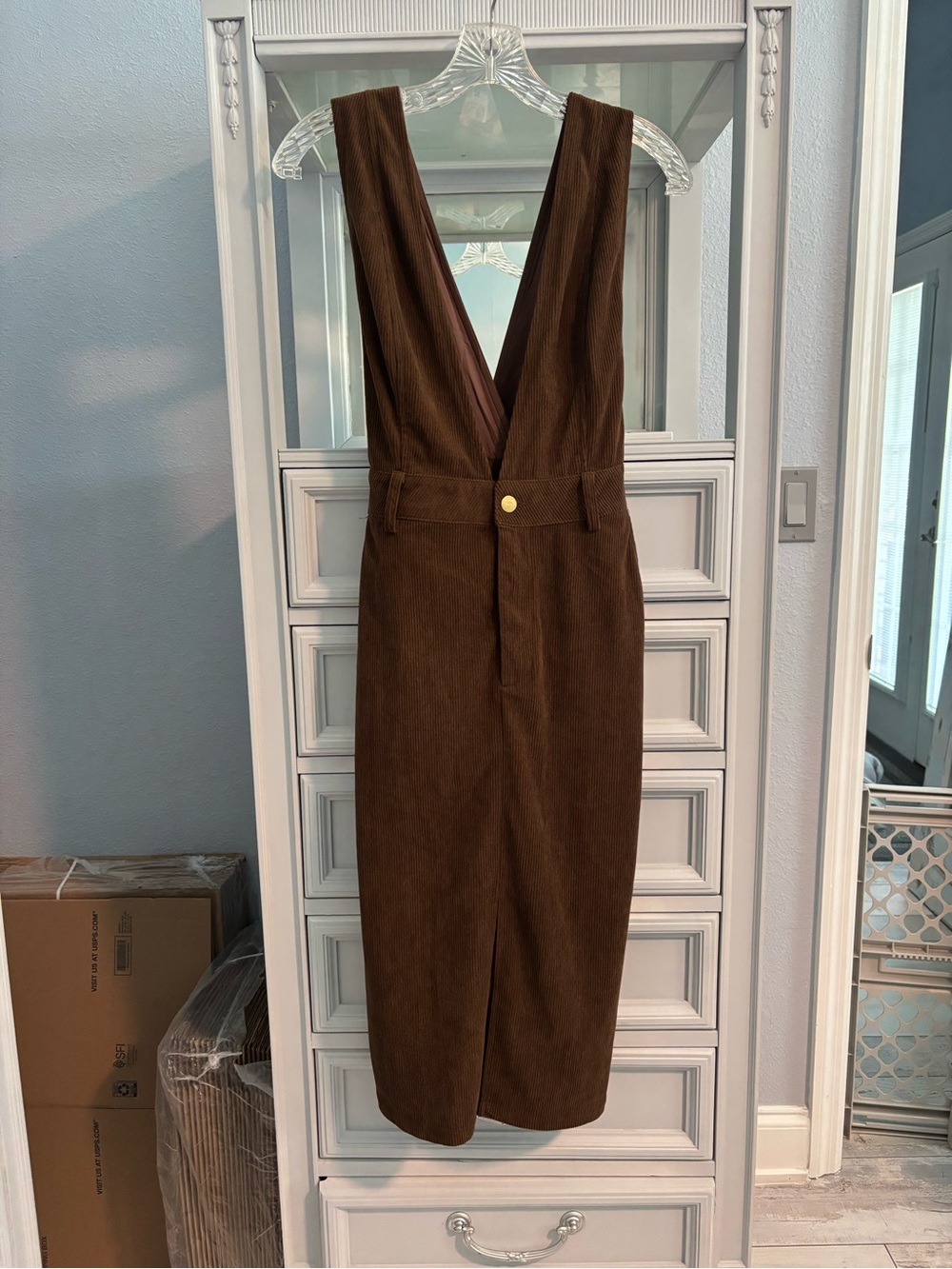 Deep V Brown Midi Pinafore Jumpsuit